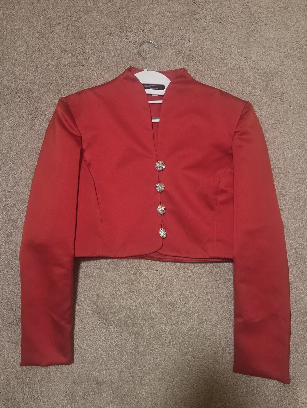 Vintage Mademoiselle Red Cropped Satin Blazer Jacket with Crystal Buttons
